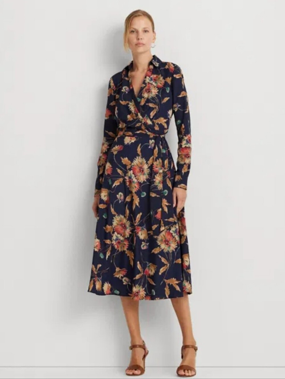 💜 RALPH LAUREN Lauren Floral Navy Midi Wrap Dress Long Sleeve